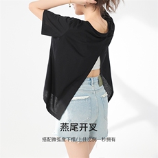 T恤女夏2025年新款宽松燕尾开叉显瘦短袖上衣气质时尚，女装T恤，拓晨羊绒