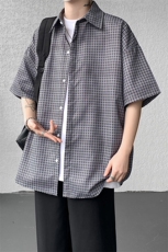 8XL-M短袖衬衫男夏宽松慵懒风痞帅条纹格子衫半袖外套DC28005P40，男装衬衫，电商B312