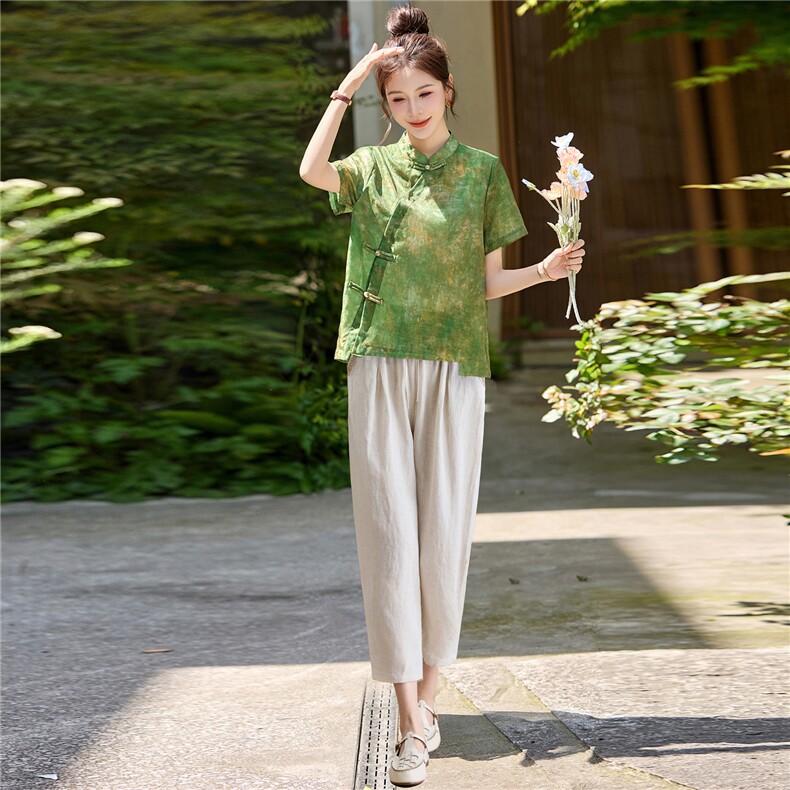 长期有货2026夏装新款时尚两件套装女提花新中式衬衫T小脚腿裤女,女装套装/套裙,璐依舞