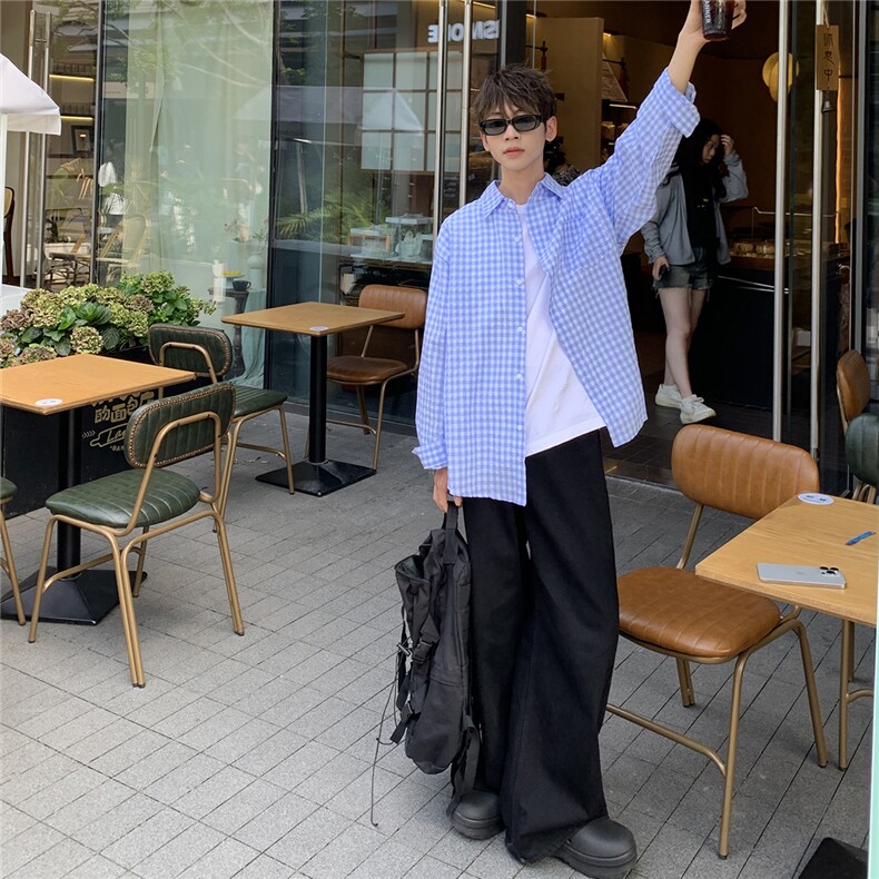 B413-1-DX825格子长袖衬衫男港风休闲男女同款衬衣薄外套宽松控79,男装衬衫,电商B413-1