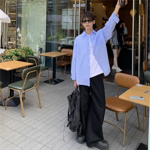 B413-1-DX825格子长袖衬衫男港风休闲男女同款衬衣薄外套宽松控79图片