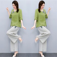 高端时尚棉麻阔腿裤套装女2024夏季新款复古刺绣民族风亚麻两件套，女装套装/套裙，凝聚力