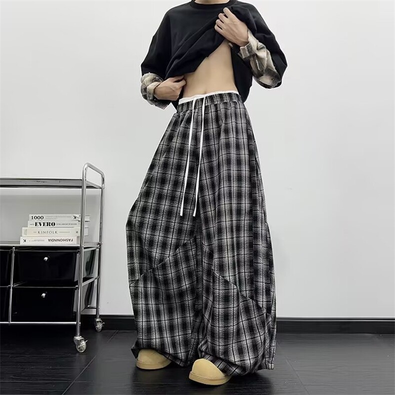 复古慵懒风双腰头拼接格子裤男女美式爵士舞宽松阔腿裤hiphop长裤,男装休闲裤,四季星座505
