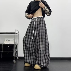 复古慵懒风双腰头拼接格子裤男女美式爵士舞宽松阔腿裤hiphop长裤，男装休闲裤，四季星座505
