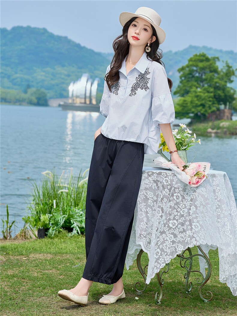 2026年夏季刺绣小衫两件套衬衫裤子套装女,女装套装/套裙,依路服饰