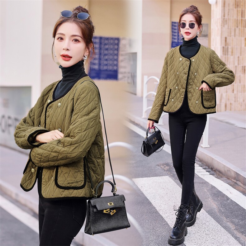 现货-韩系双排扣圆领小香风棉服外套2024冬季新款宽松百搭气质，女装棉衣/棉服，霓裳依族