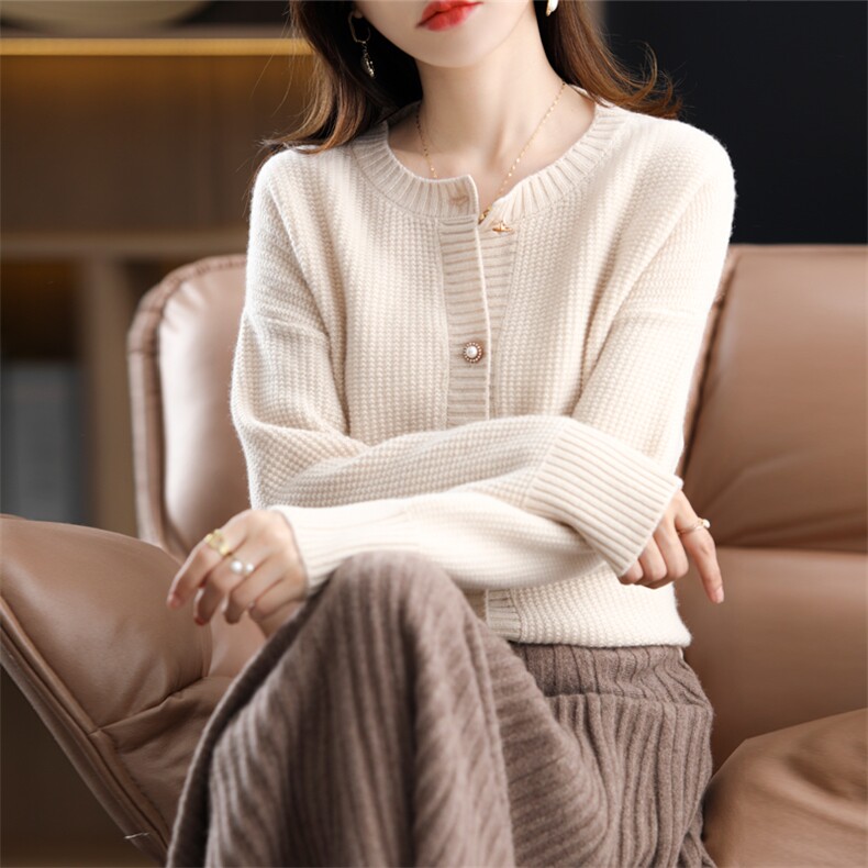 长袖针织开衫女宽松百搭纯色羊毛休闲外套上衣,女装羊毛衫,恩泰羊绒