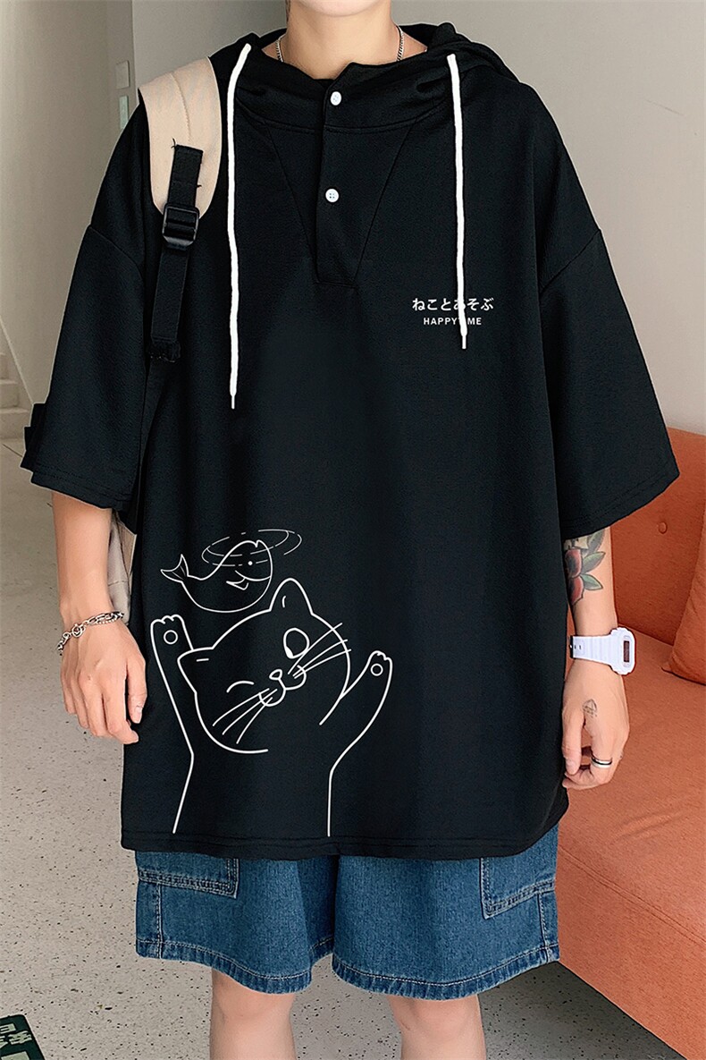 LD54133-P45连帽短袖t恤男大码胖子带帽五分袖中袖,男装T恤,电商A040