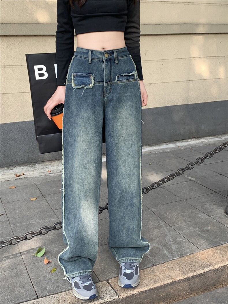 5068复古做旧毛边牛仔裤女高腰显瘦直筒阔腿裤子拖地裤P58,女装牛仔裤,星座309B-2