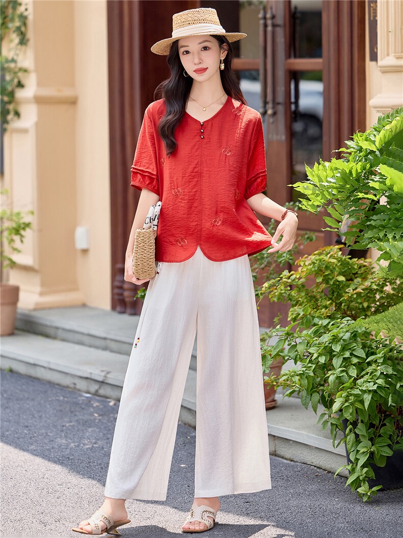 时尚洋气刺绣棉麻套装女2026夏季新款宽松遮肉显瘦阔腿裤两件套,女装套装/套裙,魅影