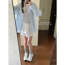 蓝白条纹蝴蝶结刺绣长袖衬衫女早秋中长款独特超好看防晒衬衣上衣，男装防晒衣，星座1210-1