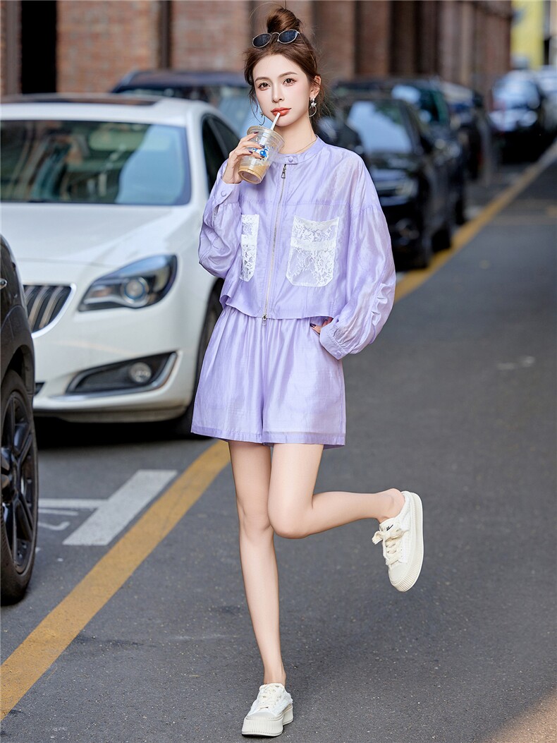 夏季时尚轻薄防晒套装女2025新款宽松休闲长袖立领衬衫短裤两件套,女装套装/套裙,尚娜萱