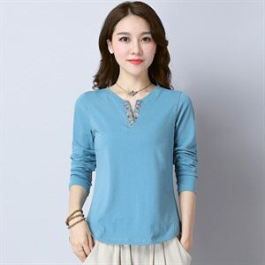 小V领印花长袖套头时尚显瘦淑女2022年春秋季T恤棉，女装T恤，依倍林