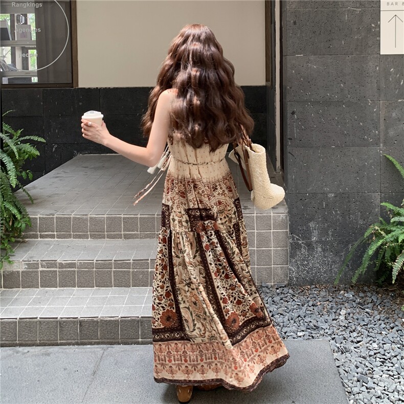 波西米亚风印花背心连衣裙女2025夏季新款超火流行宽松度假风长裙,女装连衣裙,2C051
