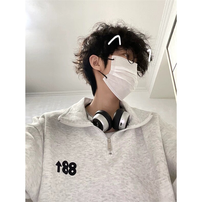 抖音得物 美式全棉可翻领立领卫衣半拉链印花外套卫衣 A1101图片