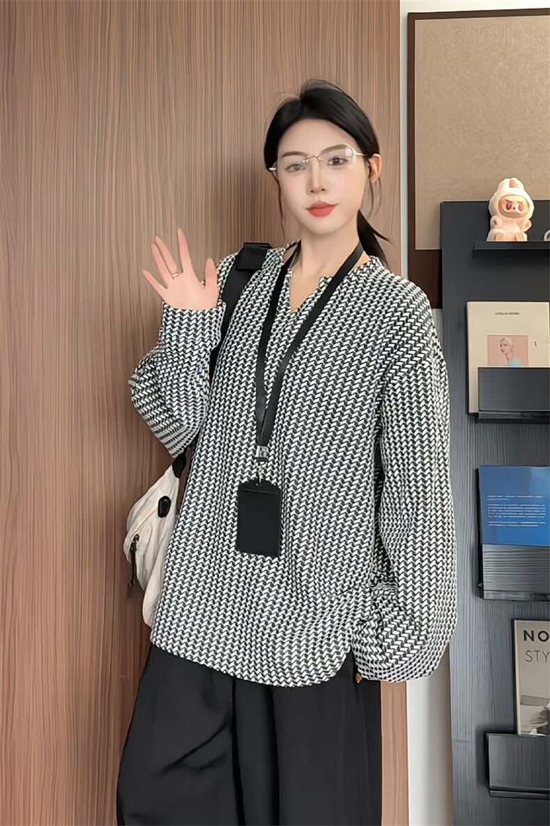 秋季270g雪尼尔美式波浪条纹V领大码长袖T恤男T24547特P25控58,男装T恤,电商A001