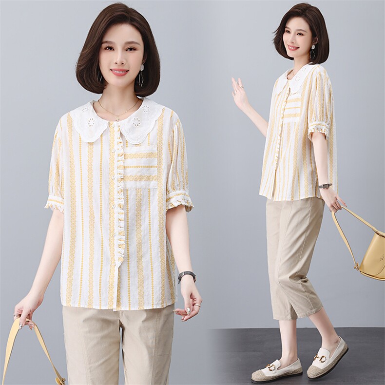 大量现货优雅翻领小衫2023夏装新款女士宽松条纹洋气上衣绣花镂空，女装大码女装，奕阳依阁