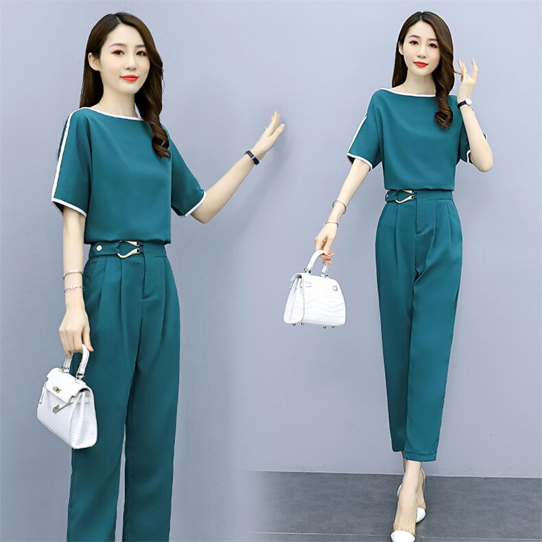 时尚减龄小脚裤套装女2021新款韩版套装修身夏装短袖两件套潮,女装职业装,丽美静依