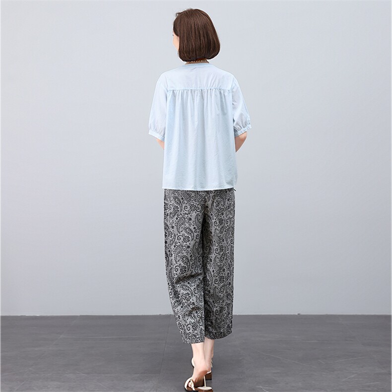 叶笙衣套装2538-135宽松刺绣T恤复古水洗裤套装,女装套装/套裙,叶笙衣