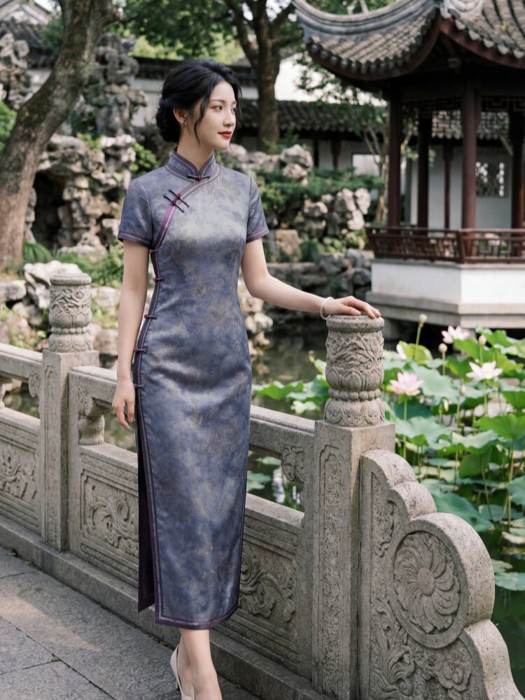 夏季新品时尚气质金丝提花弹力香云纱品质真丝喜庆中长款旗袍裙,女装汉服/婚纱/旗袍/礼服,媚琳依坊