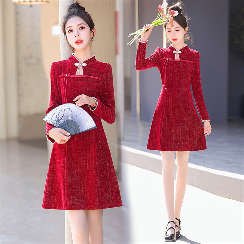 开春穿搭红色连衣裙女小个子长袖旗袍敬酒服新娘便装中式订婚礼服，女装连衣裙，丽美静依