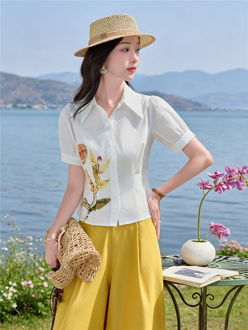 轻熟风时尚小翻领衬衫套装女2026夏气质印花上衣休闲裤两件套,女装套装/套裙,水衣源