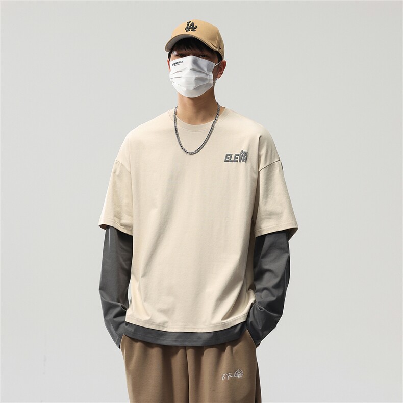 长袖t恤男春秋美式高街潮牌圆领春季宽松假两件卫衣8083-P46控89,男装T恤,电商D215