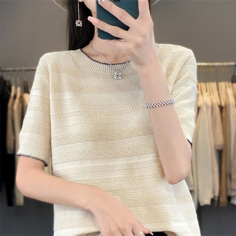 短袖t恤女2025新款拼接显瘦遮肚子大码女装夏季薄款冰丝针织衫韩,针织衫/毛衣,萱芳婷羊绒