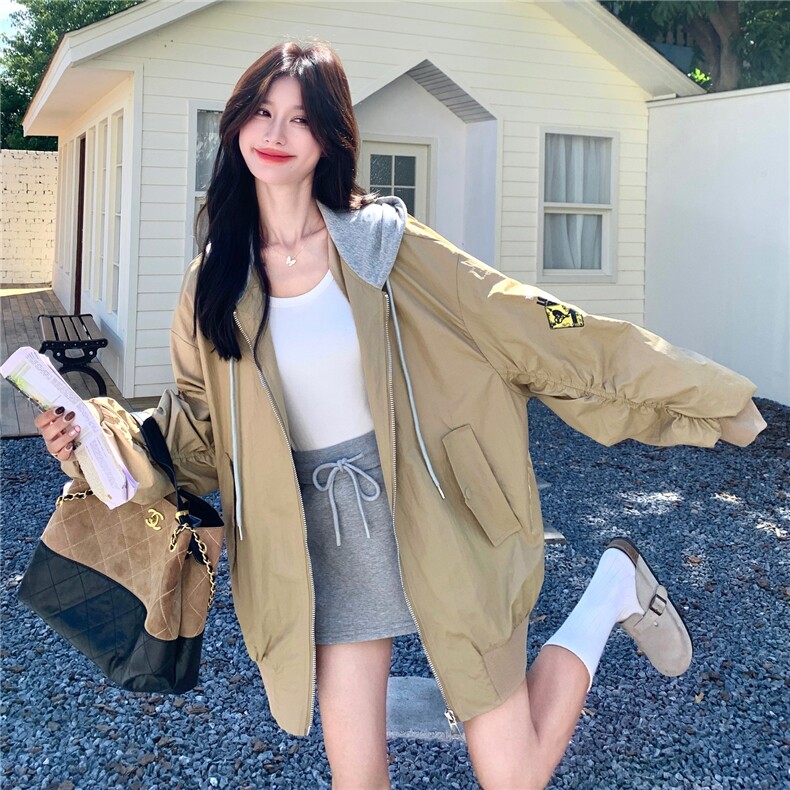 针织连帽拼接工装碎花宽松卡其色外套女春秋2025新款小个子巨好看,女装短外套,2C239