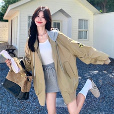 针织连帽拼接工装碎花宽松卡其色外套女春秋2025新款小个子巨好看，女装短外套，2C239
