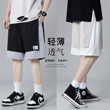 K205 P40 灰底 加大码休闲沙滩裤五分裤短裤情侣港风假两件夏装潮图片