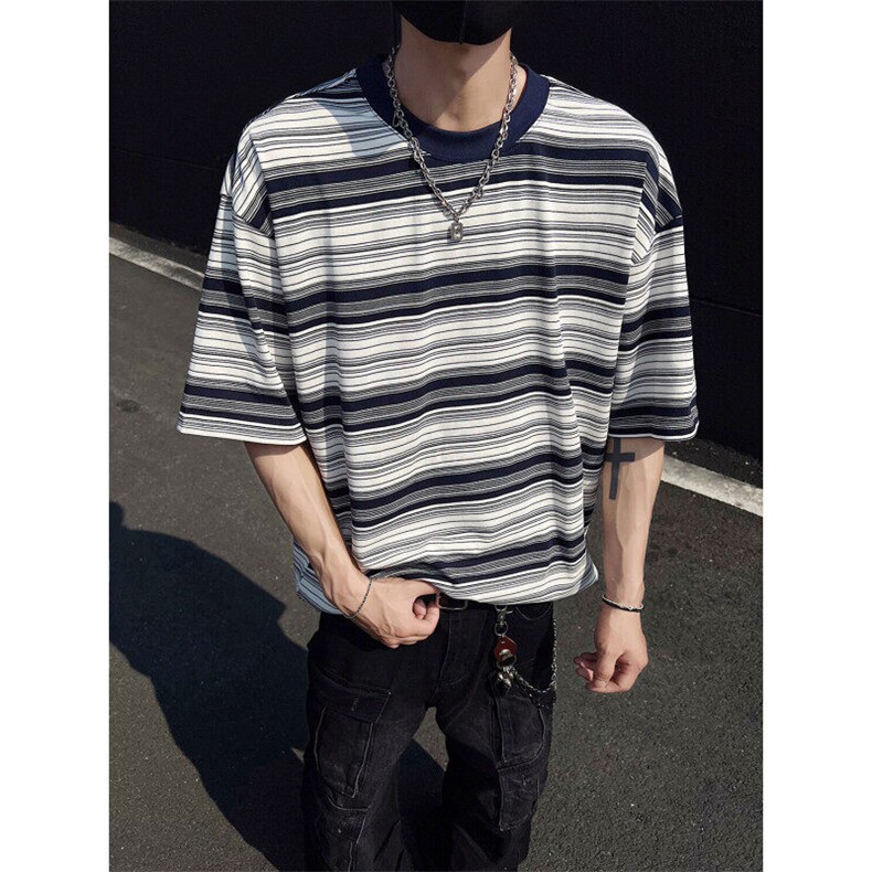 320克得物重磅100纯棉宽松条纹结构感光板短袖T恤男 RH5007-特P48图片