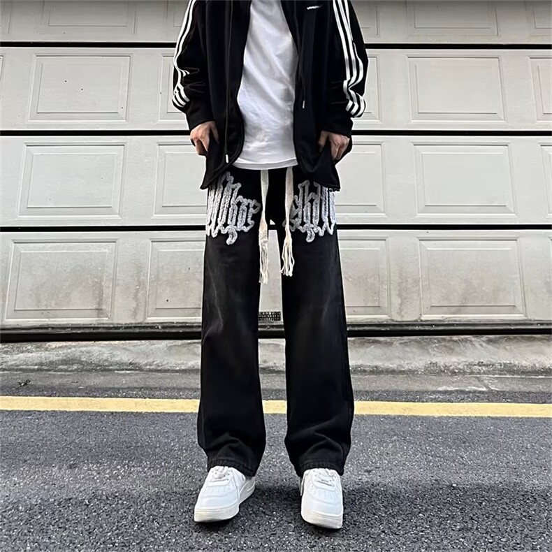 美式复古牛仔裤男高街潮刺绣宽松直筒垂感阔腿裤NK288-P48,男装牛仔裤,星座1001-1