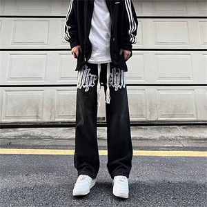 美式复古牛仔裤男高街潮刺绣宽松直筒垂感阔腿裤NK288-P48图片