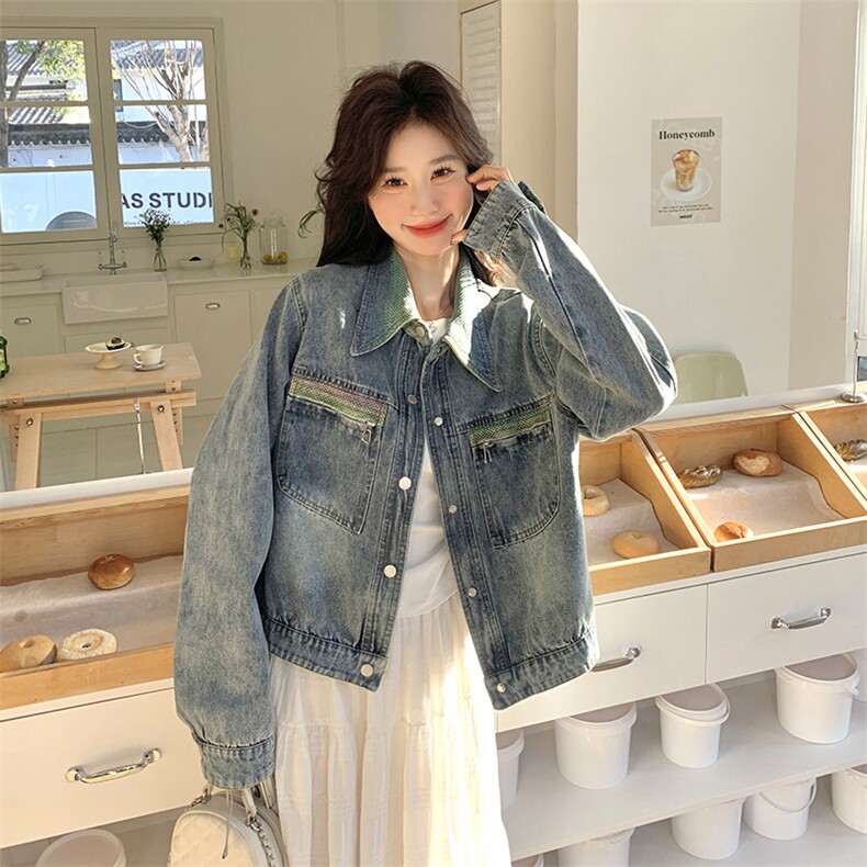 渐变色翻领牛仔外套女2025年春季新款韩版小个子流行超火夹克上衣,女装短外套,2C269