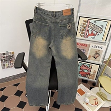 美式高街做旧脏染破洞牛仔裤男夏季高腰宽松显瘦直筒阔腿裤子，男装牛仔裤，星座410-6（原星座1304-1）