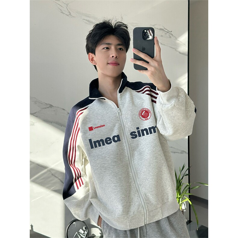 抖音得物秋美式高街重磅结构织带拼接撞色立领卫衣外套ACM4105，女装短外套，电商A443