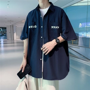 短袖衬衫男夏季美式高街潮牌半袖衬衣青少年简约宽松休闲外套图片