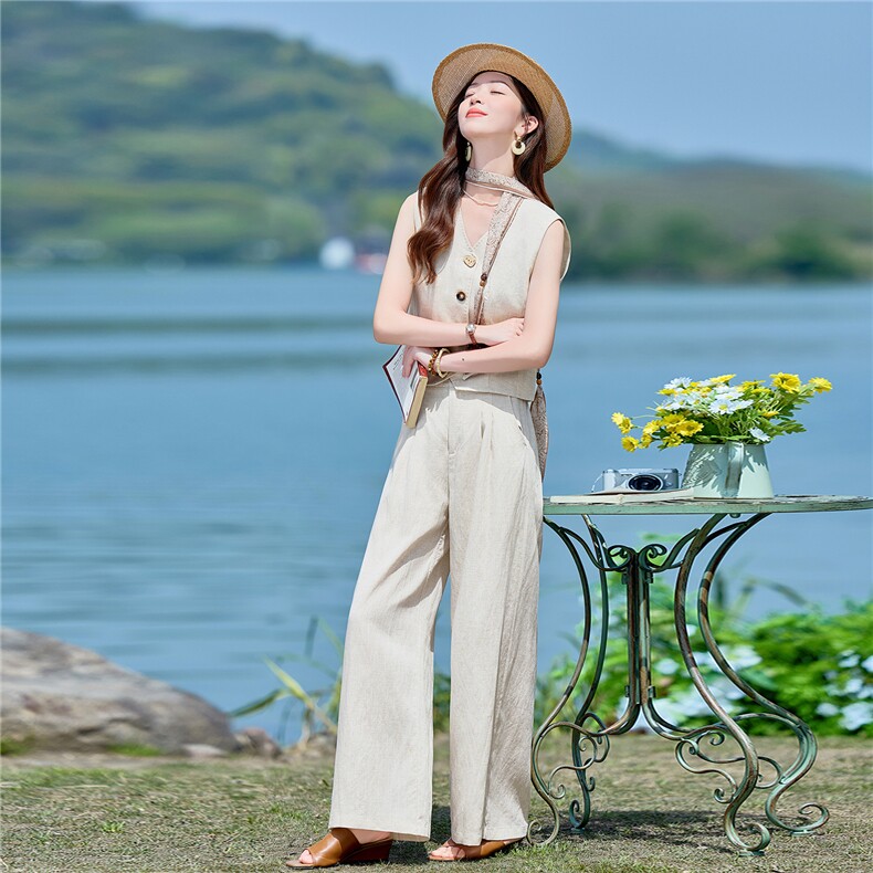 2026年夏季无袖亚麻马甲阔腿裤显瘦两件套套裤,女装套装/套裙,E百度
