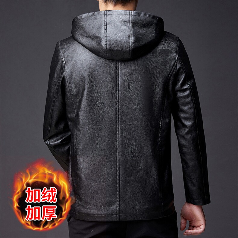 黑色连帽男士皮衣夹克2023秋冬季新款修身加绒帅气加厚外套男款,男装皮衣,电商B212（原钱塘6029）
