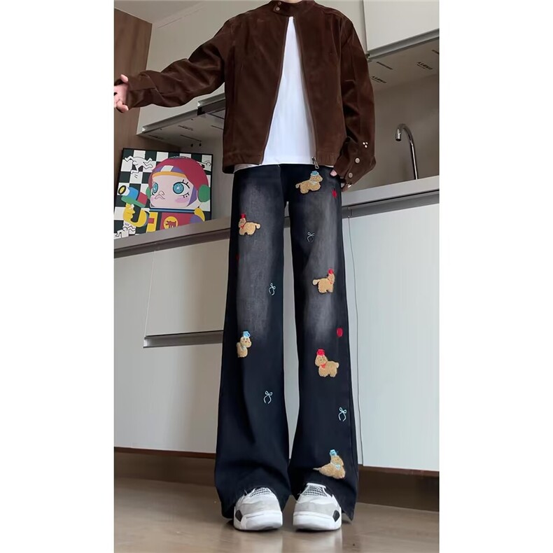 美式复古小狗贴布刺绣阔腿牛仔裤女2025秋季宽松休闲垂感拖地裤子,男装牛仔裤,星座506A