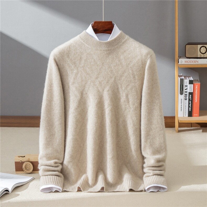 菱形提花圆领羊绒衫加厚商务休闲保暖毛衣秋冬男式爸爸针织羊毛衫，男装羊绒套衫，牧群羊绒