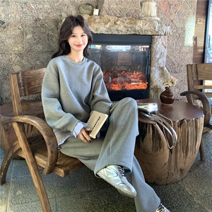 韩系慵懒休闲风格纹拼接卫衣套装女2026春季阔腿裤时尚减龄两件套图片