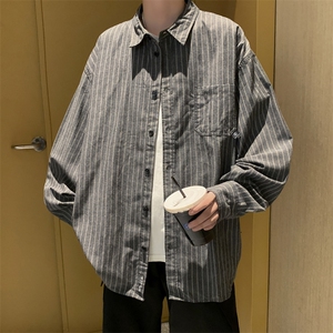 F09-P32 日系复古宽松条纹衬衫男士秋季潮牌复古学院风长袖衬衣图片
