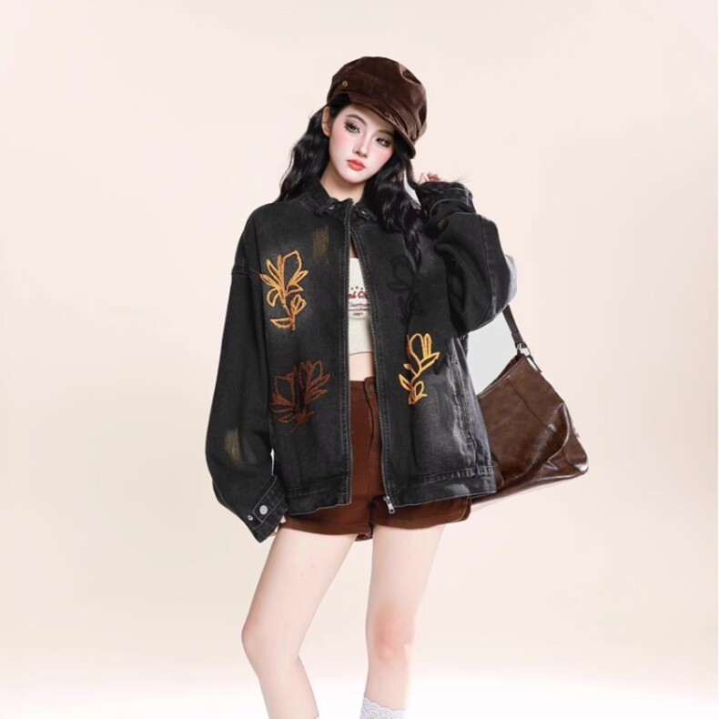新中式风刺绣牛仔外套女短款2025春秋新款设计感小个子夹克上衣图片