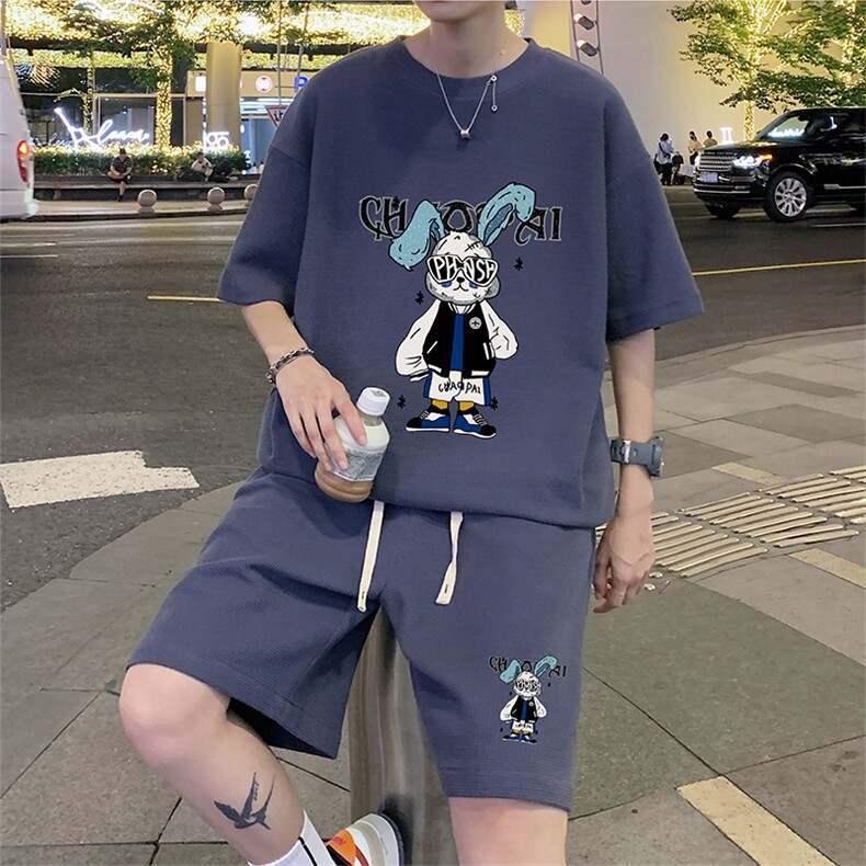 ！2024夏季新款潮牌青少年华夫格短袖套装学生一套HTZ52P50图片
