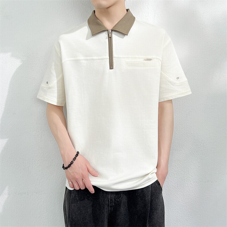 白色短袖翻领t恤男士2026新款青年韩版宽松版型体恤帅气拼色潮流，男装T恤，星座914