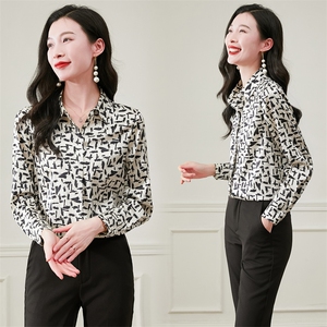 时尚重磅真丝衬衫女士长袖印花春装气质缎面丝绸真丝上衣女衬衣图片