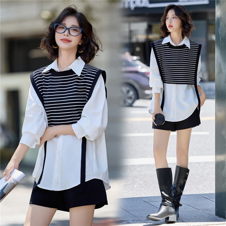 2882时尚针织条纹马甲+衬衣两件套装，女装套装/套裙，罗得堡