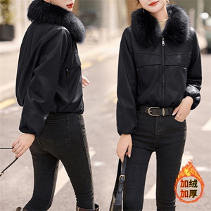 安可拉红加绒加厚短款皮衣外套女款2024冬季新款真毛领皮棉服夹克图片